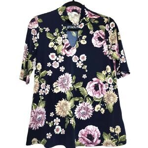 Downeast Keyhole Mock Neck Navy Floral Short Sleeve Blouse Women Sz M